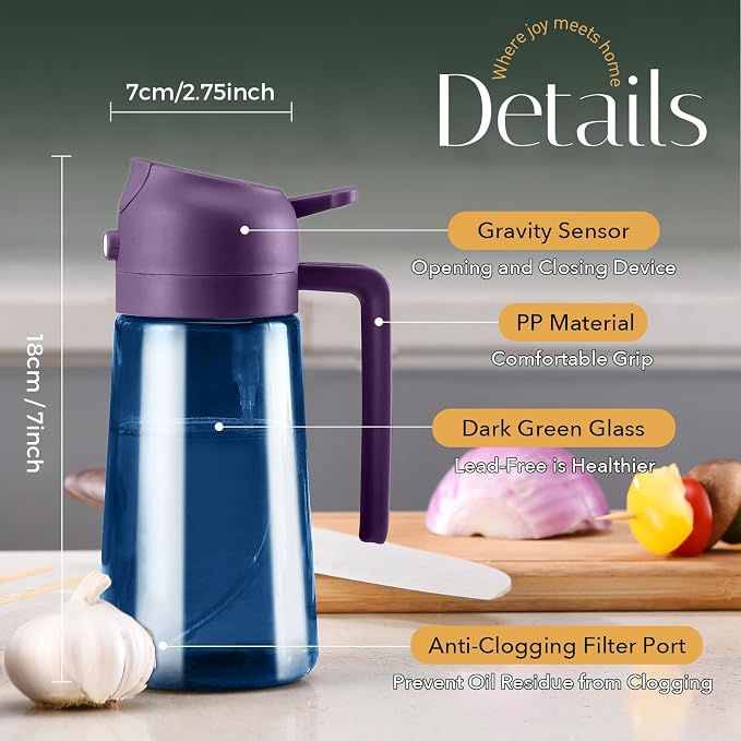YARRAMATE 16oz/470ml Light-Blocking Dark Oil Sprayer for Cooking, 2 in 1 Olive Oil Dispenser Bottle for Kitchen, Premium Blue Glass Oil Bottle, Food-Grade Oil Mister for Air Fryer, BBQ (Purple)