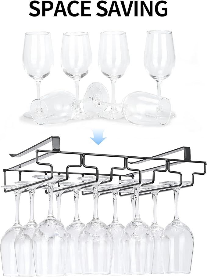 Wine Glass Rack Under Cabinet Drilling Free No Screw Steamware Holder Under Shelf Metal Wine Glasses Holders 304 Stainless Steel Hanger Storage Organizer Hanging Glass Fit for Bar Kitchen 4 Rows Black