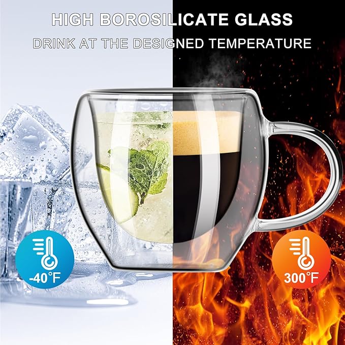PARACITY Espresso Cups Set of 2, Double Walled Espresso Shot Glass with Handle, 2.7 OZ High Borosilicate Expresso Shots Cup, Espresso Accessories