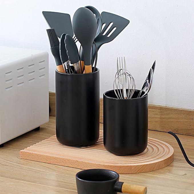 Large Ceramic Utensil Holder for Countertop,Kitchen Utensil Holder with Bamboo Wooden Base,Cooking Utensil Holder,Easy to Clean,Tool Crock,Kitchen Tool Holder for Spatulas and