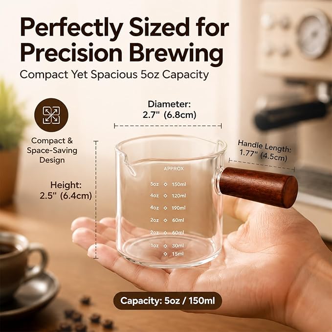 5oz Espresso Cups Set of 2, Double Spout Clear Borosilicate Glass with Anti-Scalding Wooden Handle, Heat Resistant Small Glass Mug for Double Shot Espresso, Latte, Cappuccino, Coffee Accessories