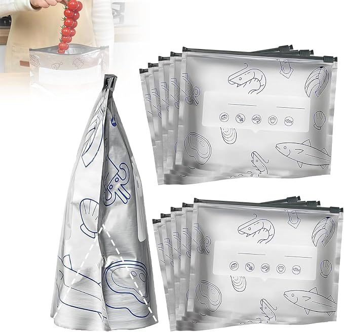 Reusable Aluminum Foil Sealable Storage Bags, 2025 New Resealable Vacuum Zipper Pouches for Food, Stand Up Foil Sealable Bags with Label and Zip Lock for Vegetable Fruit Meat (10PCS, Medium)