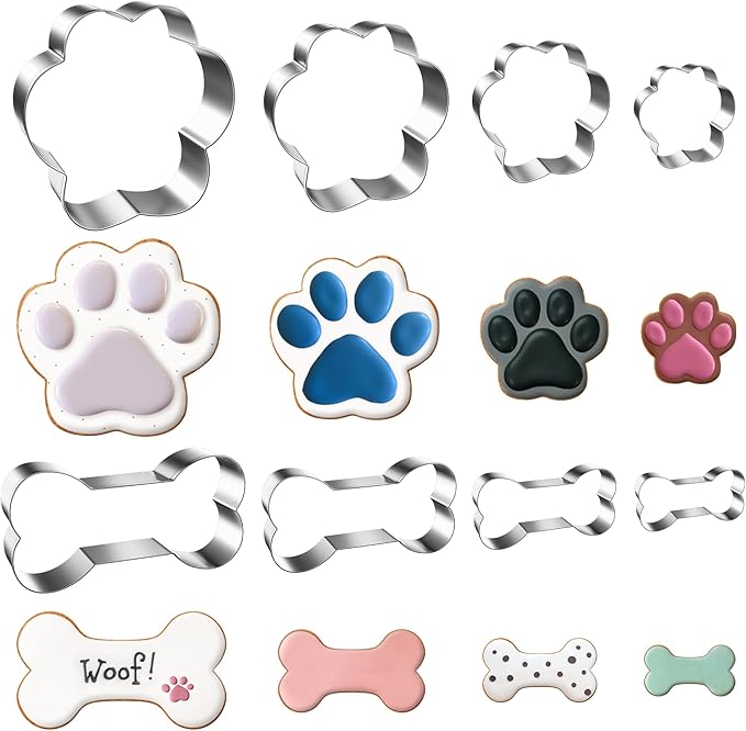 FUSOTO 8PCS Dog Paw Bone Cookie Cutter Set, Stainless Steel Baking Supplies for Homemade Cookies, Dog Paw Bone Cookie Cutters Shapes Biscuit Molds for Treat