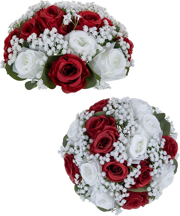 BLOSMON Fake Flowers Ball Wedding Centerpieces 2 Pcs Crimson Rose Babys Breath Artificial Flowers Center Pieces Decoration for Table Silk Kissing Floral Bouquet Arrangements for Home Party DIY Decor