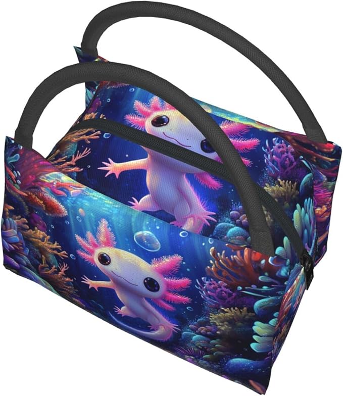 Cute Axolotl Underwater Lunch Box for Women Girls Adults Insulated Pink Axolotl Coral Reef Ocean Lunch Bag for Work Picnic Camping Travel Gifts Large Capacity Cooler Thermal Reusable Tote Makeup Bags