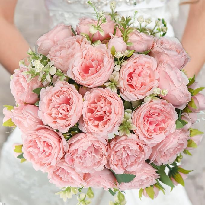 Pusuny Artificial Peonies Silk Flowers, 4 Bundles Faux Peony Bouquet Florals Arrangements for Farmhouse Home Boho Wedding Table Centerpiece, Fake Plastic Flower Bulk for Vase Decoration (Light Pink)