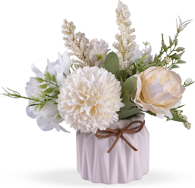 Artificial Potted Flowers White, Small Ceramic Vase Fake Flower Plants Desktop Decoration Indoor for Home and Office, Faux Flowers Hydrangea Decora for Table,Bookshelf,Bedroom,Living Room.(White)