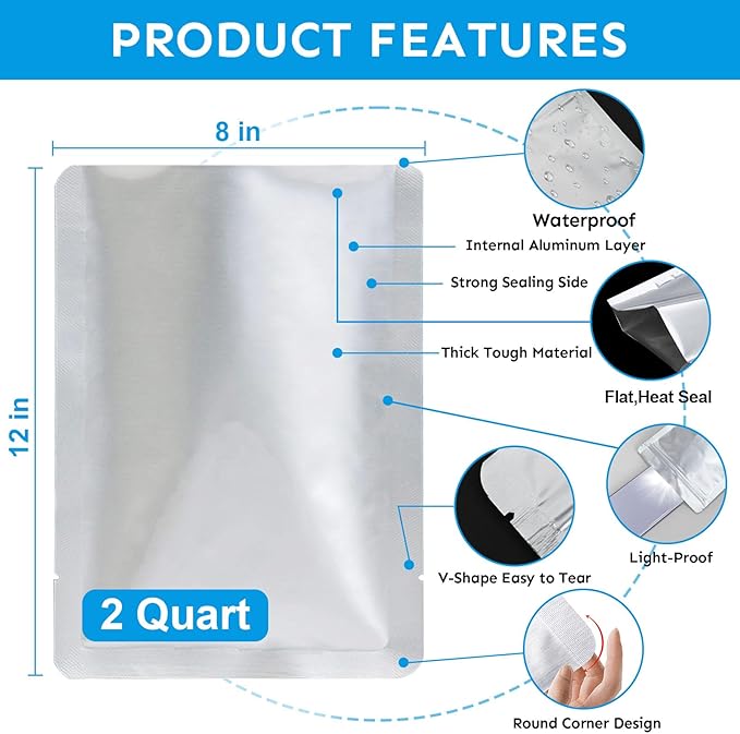 50 PCS 2 Quart Mylar Bags for Food Storage,8" x 12" Resealable Heat Seal Flat Pouches for Long Term Food Storage,Dried Food,Coffee Beans,Tea,Grains,BPA Free(No Zipper,Flat Bottom)