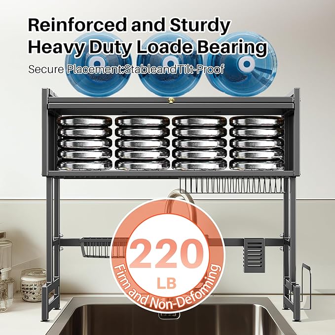 Over The Sink Dish Drainer Drying Rack 3 Tiers with Cover, Keep Kitchen Sink Shlef Organized Space-Saving Dish Drying Rack, Large Stainless Steel Sink Drying Rack for Dishes, Bowls, Cutlery (33.4"W)
