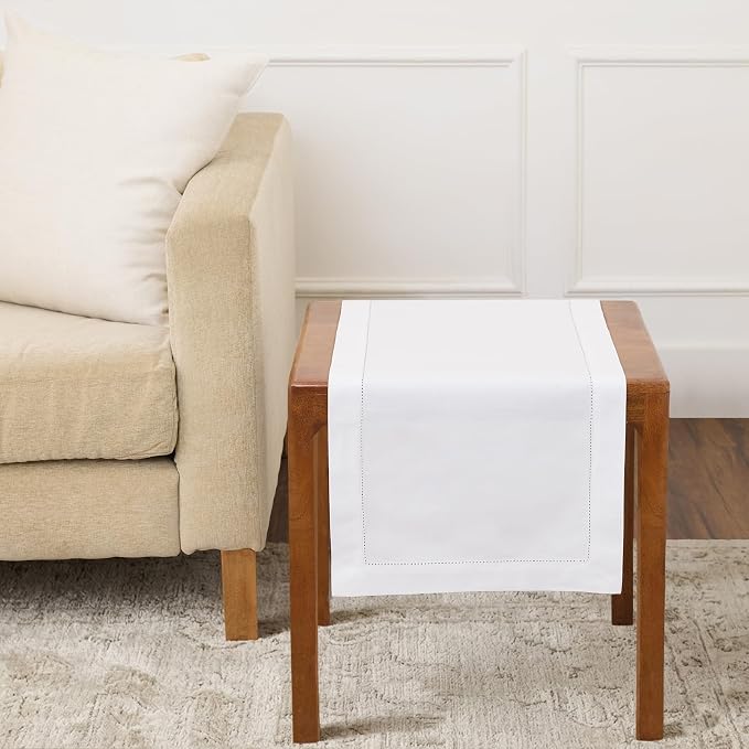 Solino Home Linen White Table Runner 36 Inches - Classic Hemstitch, 100% Pure Linen Coffee Table Runner 14 x 36 Inch Ideal for Dresser Tables - Summer, 4th of July