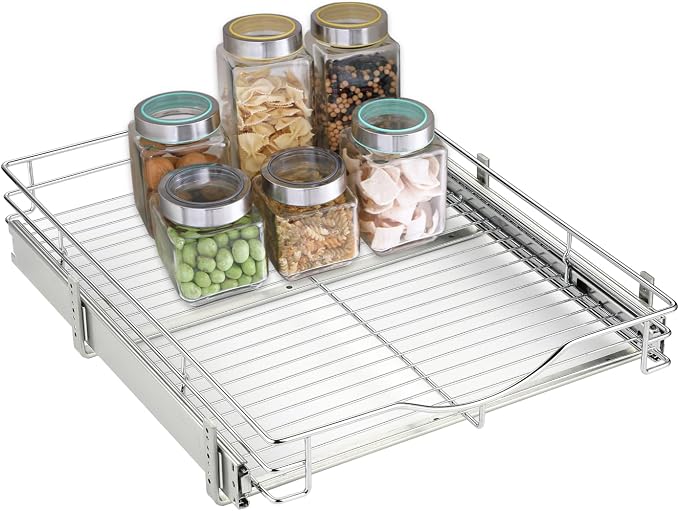 DINDON Pull Out Cabinet Organizer, (11" W x 18" D) Heavy-Duty Metal Sliding Drawer Shelf, Bathroom Under Sink Kitchen Cabinets Organizer and Storage Slide Out Shelves, Chrome, 1 Tier, 2 Pack