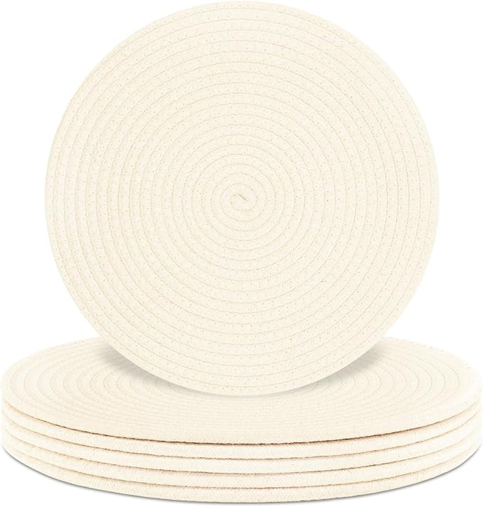 Round Placemats Set of 6, Cotton Rope Woven Table Mats, Hot Pads for Kitchen, Non Slip Heat Resistant Place Mats, 13 Inches Braided Placemat for Farmhouse Decor and Kitchen Table Decor (Cream)