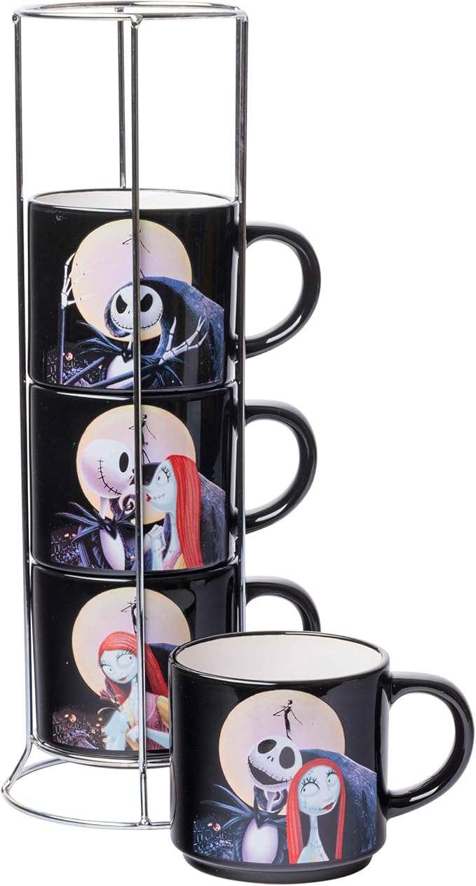 Silver Buffalo Nightmare Before Christmas Jack Sally Scene 4-Pack Ceramic Mug Stack, 10-Ounces, Nightmare Before Christmas 4-Pack Mug Stack, 5 Piece Set