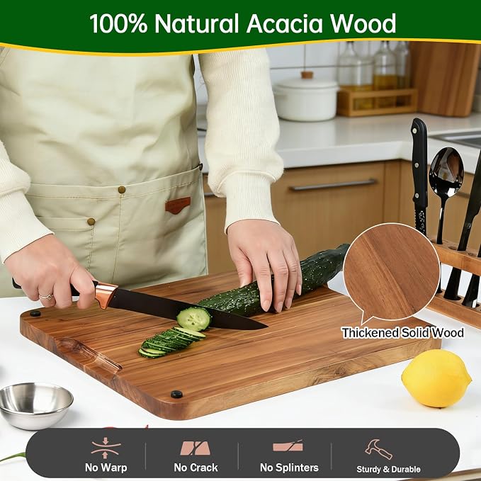 Acacia Wood Steak Board Set,16.5" Magnetic Charcuterie Board with Stainless Steel Scratch-Proof Cutting Surface Wooden Serving Platter with Cutlery & Sauce Cup for BBQ Dinner Party Housewarming Gift