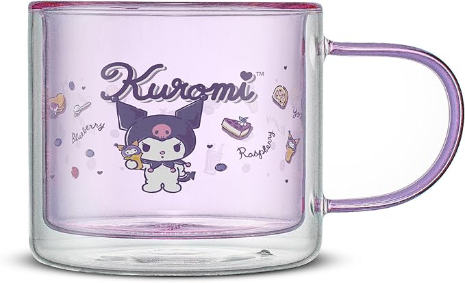 JoyJolt Hello Kitty Double Wall Insulated Coffee Mug ft Kuromi, 13.5 oz Glass Cup, Cute Drinking Glassware ideal for Latte, Iced Coffee, or Tea, Kawaii Hello Kitty Merch, Sanrio Accessories