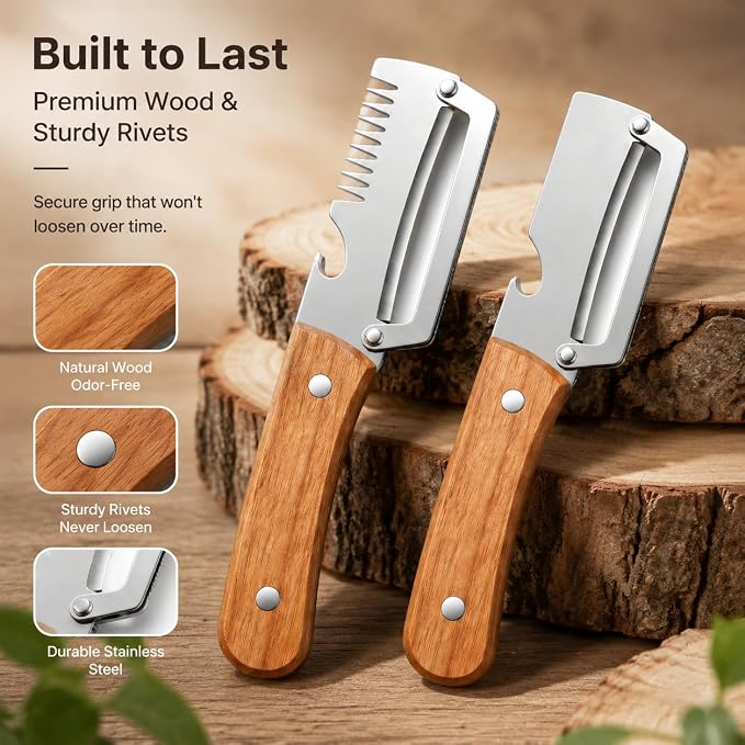 2Pcs Vegetable Peeler with Wooden Handle, Odor-Free Stainless Steel Multi Functional Vegetable Cutter, 2-in-1 and 3-in-1 Kitchen Tool with Scallion Shredder and Bottle Opener for Cooking and Camping