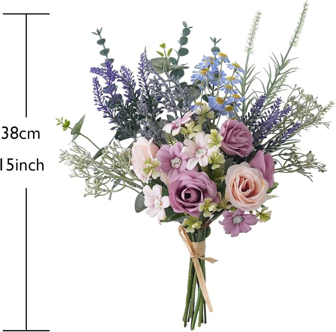 15 Inch Artificial Silk Flowers Bouquet with Roses, Eucalyptus, Baby's Breath, Daisies, Lavender, Sage & Chamomile - Realistic Faux Floral Arrangement for Home Decor Centerpiece