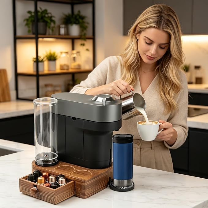 Riser Stand for Nespresso Vertuo Pop+, with Coffee Pod Drawers Organizer - Elevated Base Fits Tall Mugs (Up to 7.48" H), Coffee Station for YETI Rambler & Stanley 20oz Cups - For Pop+ ONLY (Not Pop) Brown