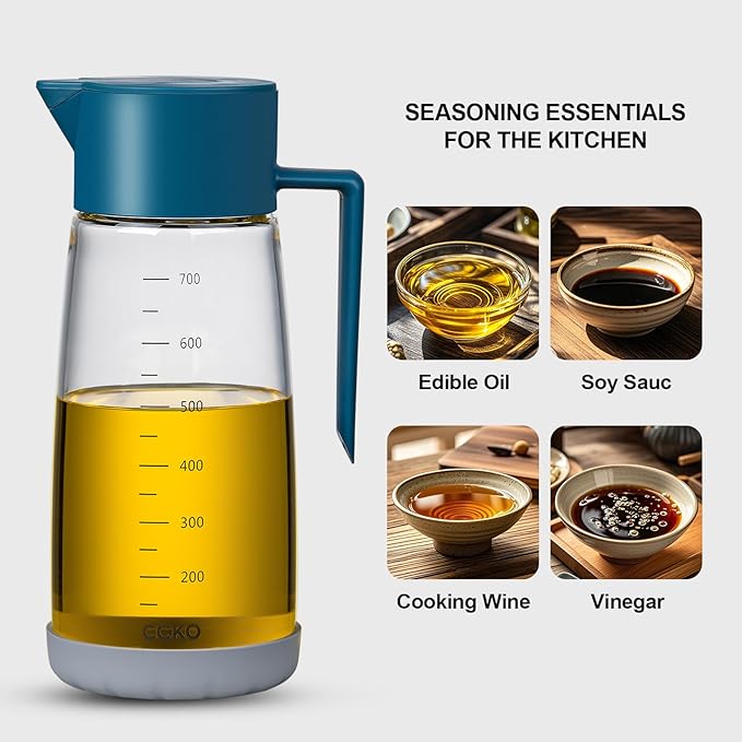 Olive Oil Dispenser Bottle for Kitchen with Leakproof and Dust Cover, Auto-Open & Close Glass Olive Oil Bottle with Non-Slip Bottom 600ml Cooking Oil and Vinegar Cruet Dispenser (Off-White)