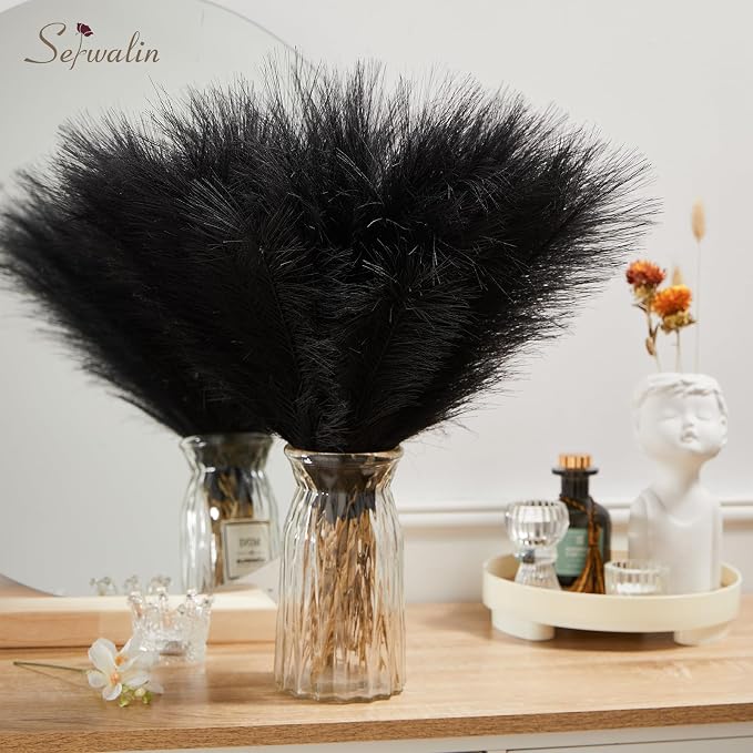 Serwalin 60Pcs Black Pampas Grass Decor, 17.7'' Faux Pampas Grass, Fluffy Short Artificial Pompous Grass for Gothic Room Decoration, Wedding, Party, Halloween and Home Decor