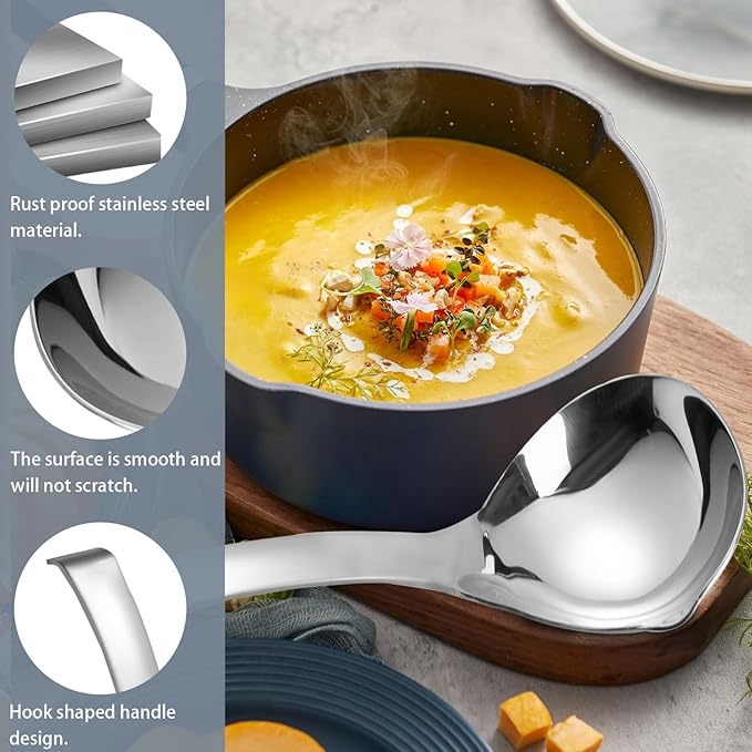 2Pcs Soup Ladle, Soup Spoons Stainless Steel 304 with Pour Spout, Large Ladle Spoon Cooking Utensils Ladles for Serving Metal Ladle Gravy Punch