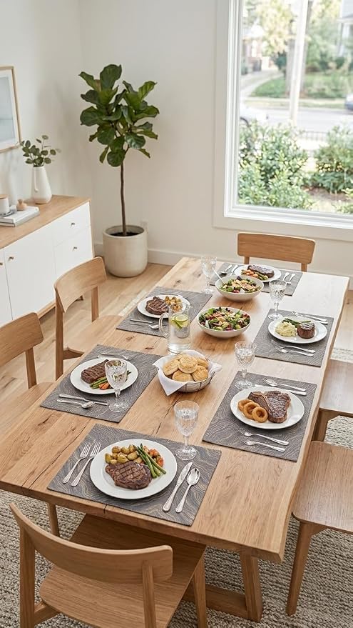 Dark Gray Placemats Set of 4, 12x18 Inch Irregular Mountain-Inspired Jacquard Table Mats, Double Sided Reversible Non Slip Place Mats, Grey Oriental Dining Table Decor for Kitchen