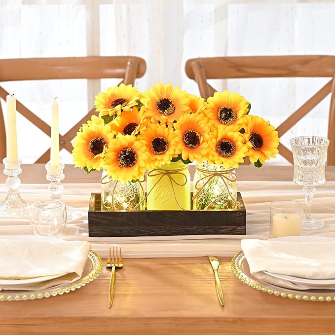 BLEUM CADE Centerpiece Table Decorations - Mason Jar Lights Centerpiece for Kitchen Dining Table Farmhouse Coffee Table Wedding Home Decor with 3 Jars Sunflowers Artificial Flowers & Wood Tray