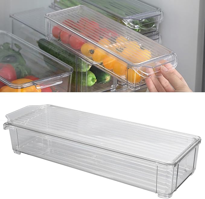 Clear Organizing Bin, Plastic Freezer Storage Containers with Lid Large Capacity Portable Bathroom Organizer Box for Pantry Kitchen Refrigerator (Narrow and short (with cover))