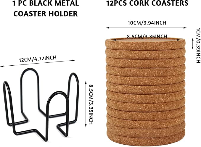 Cork Coasters for Drinks Set of 12 with Holder, Absorbent Coasters with Lip, Heat Resistant and Table Protective, 4'' Diameter Suitable for Most Cups, Perfect for Home & Office, Housewarming Gift