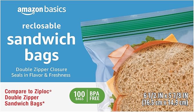Amazon Basics Reclosable Double Zipper Sandwich Storage Bags for Food Storage, BPA Free, 100 Count