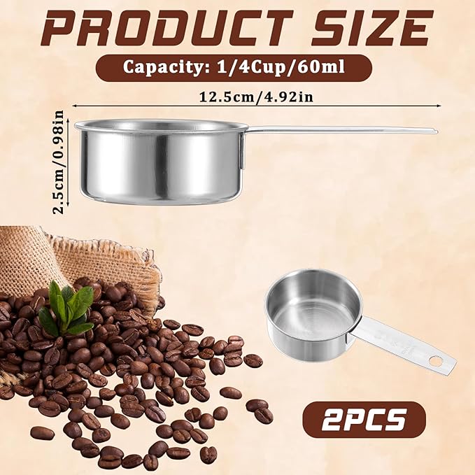 2 Pcs 1/4 Cup Stainless Steel Measuring Cup, 60 ml 2 oz Stainless Steel Measuring Cups Metal Coffee Scoop Cat Food Scoops for Wet and Dry Ingredients Cooking Baking Kitchen, Dishwasher Safe