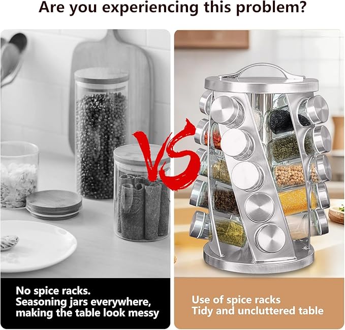 Portable Stainless Steel Spice Rack with 16 Spice Jars Included Revolving Spice Organizer for Kitchen Tower Storage Rack for Spices and Seasoning Silver
