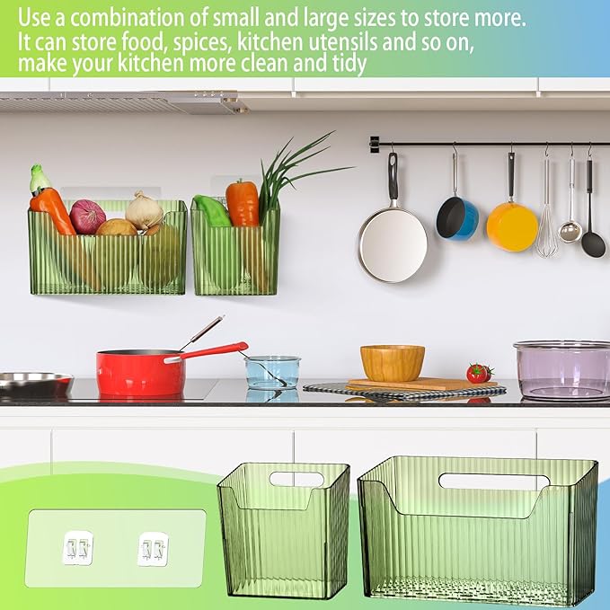SiliFine 8 Pcs Storage Organizer Bins Wall Mounted Organizer Basket Plastic Cabinet Door Bins Stackable Hanging Baskets for Organizing for Wall Refrigerator Kitchen Bathroom Pantry(3.94'',Green)