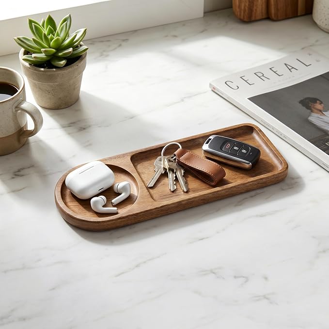Small Wooden Tray | Acacia Wood Tray for Vanity, Bathroom Counter, Coffee Table & Toilet | Perfect for Jewelry, Remote, Snack| Mini Charcuterie Board Serving Platter (Rounded Rectangle 2-Compartment)