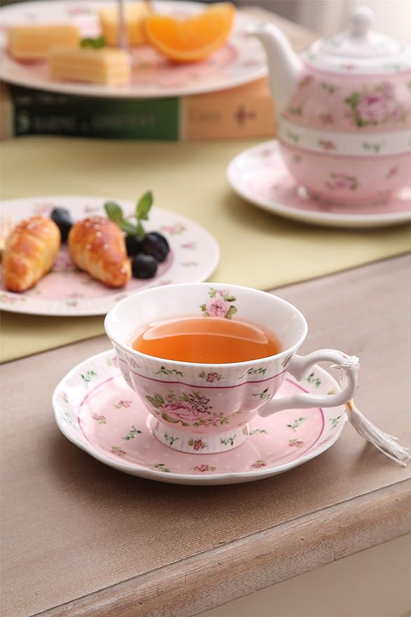 London Boutique Coffee Tea Cups and Saucers Set of 2 Vintage Flora Rose Lavender Porcelain Gift Box (Rose Pink 2pc Set)