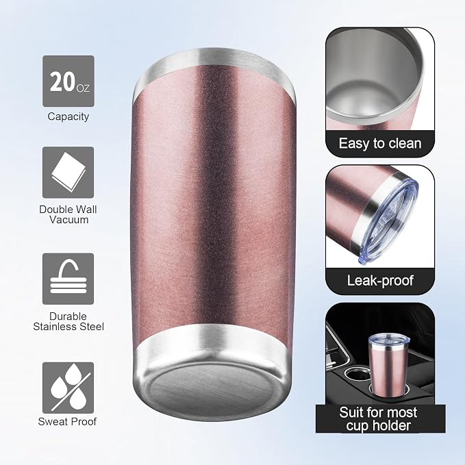 20oz Tumbler with Lid and Straw Double Wall Powder Coated Vacuum Insulated Coffee Tumbler Stainless Steel Insulated Travel Coffee Mug Spill-Proof Thermal Cup for Hot and Cold Beverage,Rose Gold