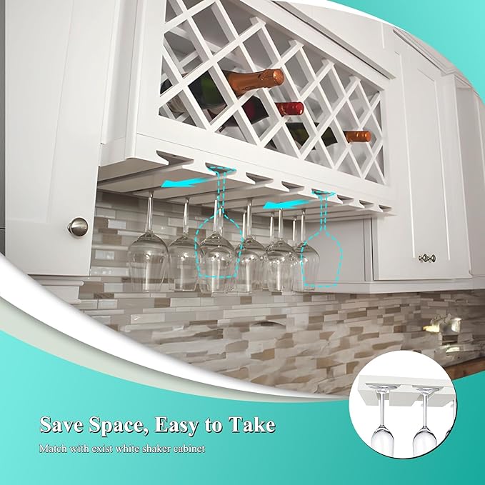 Wine Glass Holder Under Wall Cabinet,Glass Organization for Kitchen and Bar, Wall Mounted, RTA, White Shaker, Painted, 7 Section (White, 30" W X 1.5" H X 12" D)