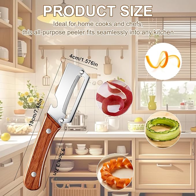 Premium Vegetable Peeler with Wooden Handle and Bottle Opener,2-in-1 Stainless Steel Kitchen Tool for Fruit Potato Zucchini Pumpkin Papaya(2 PSC)