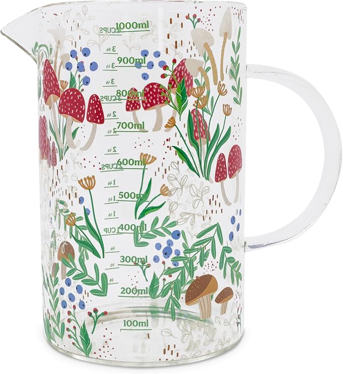 Steel Mill & Co. 1000mL Glass Measuring Cup for Liquid, Mushrooms | Glass Beaker Kitchen Tool, Cottagecore, Hippie, Fairycore Kitchen Aesthetic Home Decor and Accessory