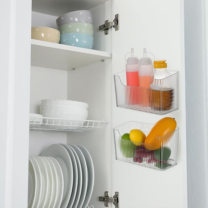 4-Pack Adhesive Cabinet Door Organizer Set, Clear Inside Cabinet Door Storage Bins with Drain Holes for Kitchen Bathroom Pantry Organization, Space-Saving Mountable Caddy