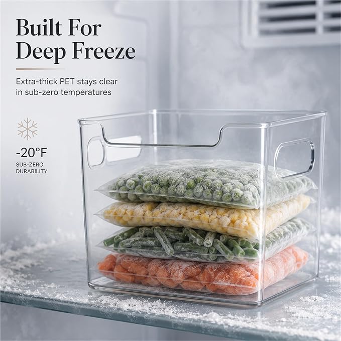 Crystal Clear Freezer Storage Bins, Stackable Kitchen Cabinet Organizer With Handles For Frozen Food, Meat & Veggies, Shelves, Kitchen, Cabinet(4SMALL)