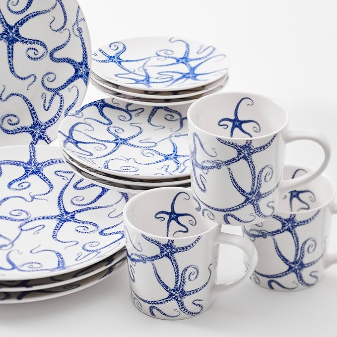 Caskata Starfish Oversized Mugs Set of 4 | High-Design Premium Lead-Free Porcelain Blue Mug Set for Entertaining or Everyday | Unique Party Mugs for Wedding or Birthdays | 14 oz