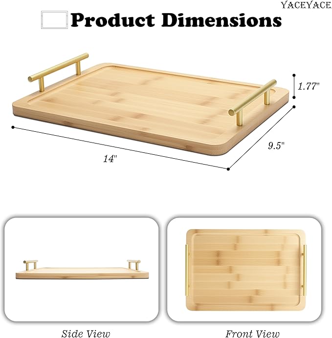 Serving Tray with Metal Handles, 14" x9.5 x1.75 Medium Bamboo Serving Trays for Home Decor, Bathroom, Kitchen Counter, Coffee Table
