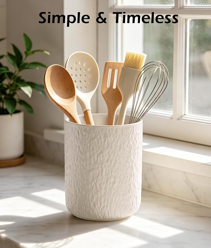 Kitchen Utensil Holder for Countertop, Ceramic Utensil Crock with Ripple Texture, Heavyweight White Kitchen Organizer for Spatulas, Spoons & Cooking Tools, Modern Minimalist Counter Decor