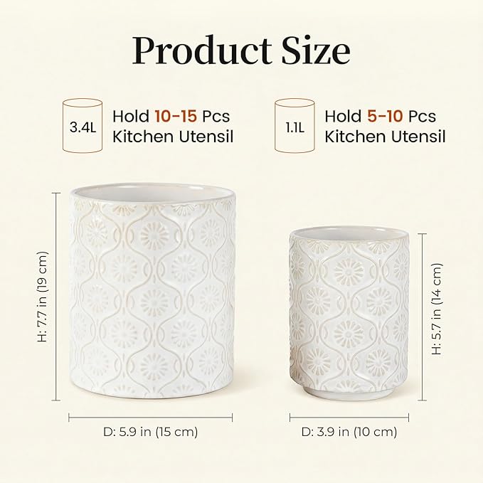 Newise Utensil Holder - Set of 2, Ceramic Kitchen Utensil Holder for Countertop, Large Utensil Crock with 360° Rotating Base, 6"+4" Embossed Cooking Storage and Decoration