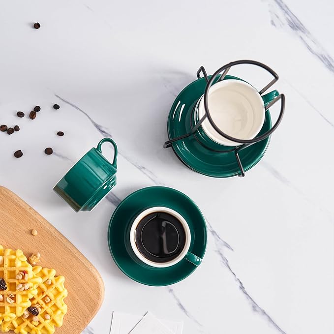 YOLIFE 2.5oz Espresso Cups Set of 4, Porcelain Stackable Espresso Cups, Expresso Shots Cup Set with Saucers and Metal Stand-Green