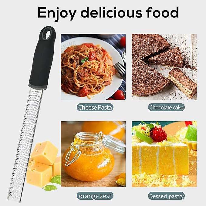 1Pack Lemon Zester Stainless Steel Cheese Grater with Plastic Cover Ergonomic Soft Black Handle Handheld Rotary Cheese Grater Zester Ideal for Kitchen Use and Food Preparation