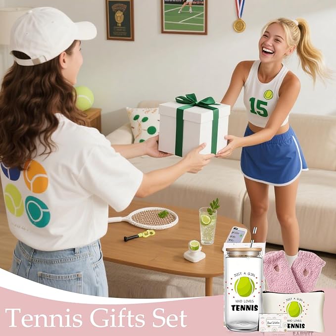 Tennis Gifts for Women, Funny Inspirational Gifts for Tennis Lovers Players, Team Gift Set with Glass Cup Cosmetic Bag Sports Party Favors