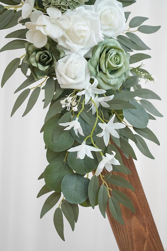 Olalaka 2-Pack Sage Green & White Wedding Flower Swag Set, Large: 35.43"L x 14.56"W, Small: 24.80"L x 12.99"W, Artificial Flowers for Wedding Arch, Ceremony, Table Centerpieces, Wall Hanging