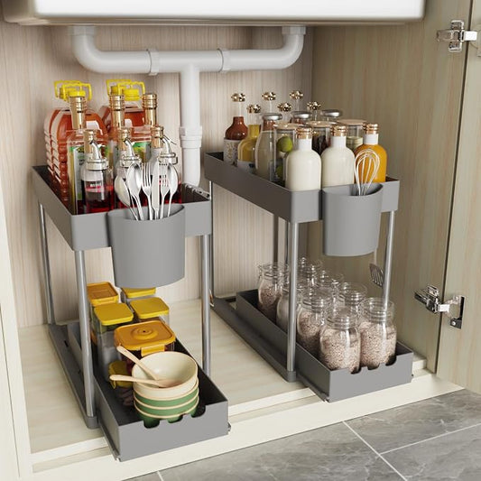 2 Pack Under Sink Organizers and Storage, 2-Tier Sliding Cabinet Organizer Drawer for Bathroom and Kitchen – Multi-Purpose Cabinet Organizer with Easy Pull-Out Design (Grey)